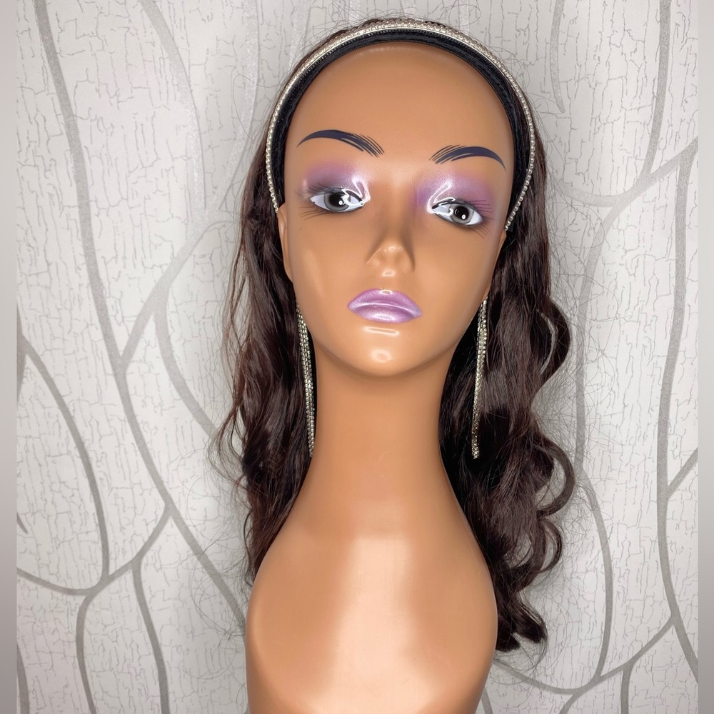 🎀 26” Rhinestone Dangling Headband Wavy Curl Dark Brown Synthetic Wig 🎀